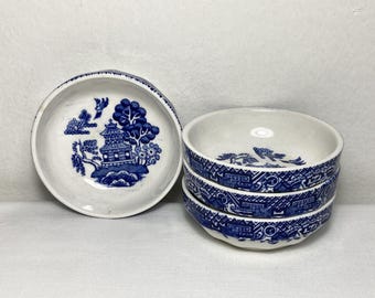 4 Antique Vintage Blue Willow 3" Butter Pats / Sauce Dishes Woods Ware England