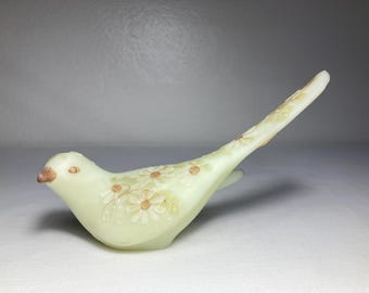 Vintage Fenton Uranium Glass Bird of Happiness : Long Tail, Hand Painted, Custard, Glows