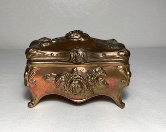 Vintage Art Nouveau Footed Jewelry Casket Box Gilt Metal w/ Roses