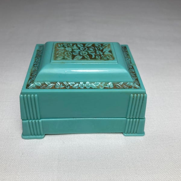 Vintage Art Deco Ring Box Turquoise Celluloid Made in USA
