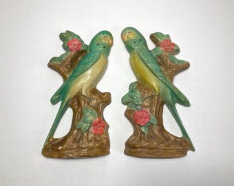 PR Vintage 1940s Parakeet Bird Chalkware Wall Plaques