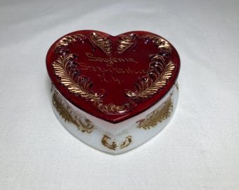 Antique Heart Shape Trinket Box Milk & Ruby Glass: Souvenir of Sterlingville NY