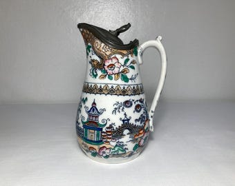 Antique Ironstone Syrup Pitcher w/ Pewter Lid 7" Oriental Motif