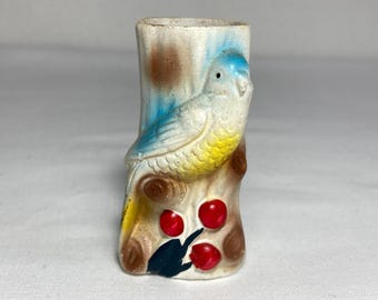 Vintage Miniature Blue Bird Cherry Chalkware Vase: Neisner's 5 & 10