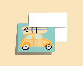 Tarjeta de feliz cumpleaños: ilustración de Orange Punch Buggy con tabla de surf