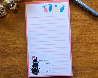 Dear Santa I Can Explain, Black Cat at Christmas, Lights, Lined Notepad, 4x6 Memo, 50 Page Tearaway Sheets, To Do List, Memo Pad, Gift