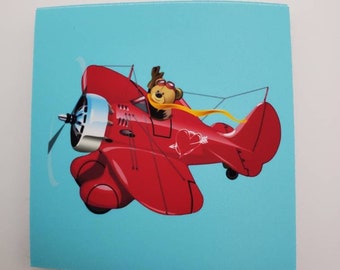 Teddy Bear Flying vintage Red Plane Aviator | Autocollant autocollant en vinyle mat Die Cut résistant à l’eau | Papeterie Ordinateur portable Journal Notebook Bouteille