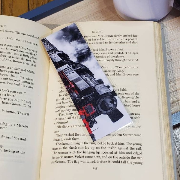 Vintage Steam Train Engine Black and White Red Photograph Bookmark Bookmarker Laminated Round Corners Book Gift Reading Learning Reader