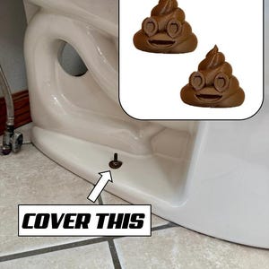 May include: A close-up of a white toilet with a brown poop emoji. The image also includes a text box that says "COVER THIS" with an arrow pointing to a bolt on the toilet.