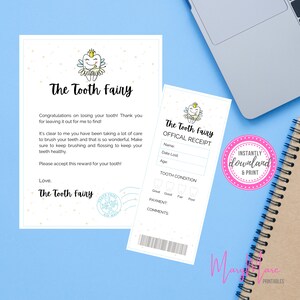 Carta y recibo del Hada de los Dientes, PDF de impresión fácil del Hada de los Dientes, Impresión instantánea del Hada de los Dientes, Descarga digital del certificado de dientes perdidos de los niños