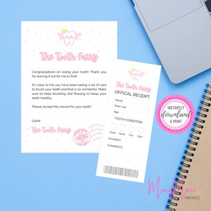 Carta y recibo del Hada de los Dientes, PDF de impresión fácil del Hada de los Dientes, Impresión instantánea del Hada de los Dientes, Descarga digital del certificado de diente perdido de niña
