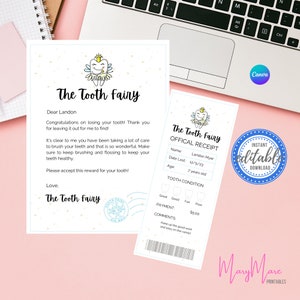 Carta y recibo editables del Hada de los Dientes, Plantilla Canva de Hada de los Dientes de fácil impresión, Personalización e impresión de Hada de los Dientes, Certificado de dientes perdidos para niños