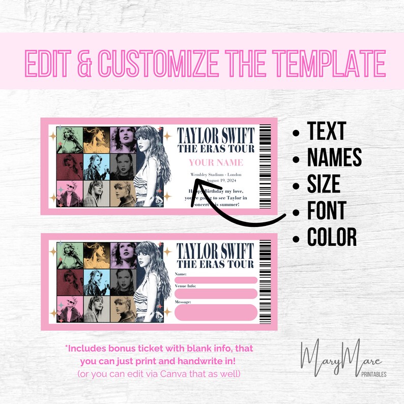 Customizable ERAS Tour Ticket, Taylor Swift Canva Template, Swiftie ...