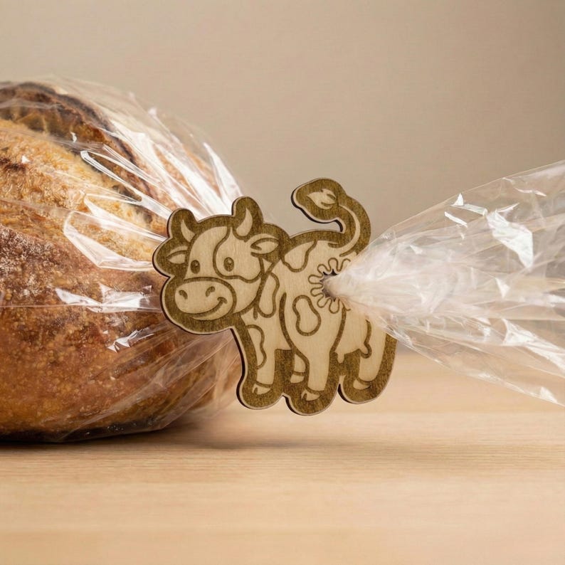 A physical wooden laser-cut cow-shaped clip, demonstrating its use as a bread bag closure, securing a clear plastic bag around a loaf of sourdough bread on a light wooden surface.