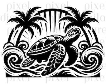 Sea Turtle SVG - Woodcut Ocean Design, Palm Trees (Digital Download)