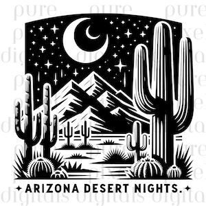 Arizona Desert Nights SVG PNG JPG – Cactus Moon Mountain Clipart – Desert Landscape Vector – Southwest Boho Design – Sublimation Cut File