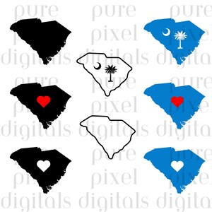 Lot d'illustrations de l'État de Caroline du Sud | Motifs palmier et lune, Cœur | SVG, PNG, JPG | Impressions bleues, noires, vides