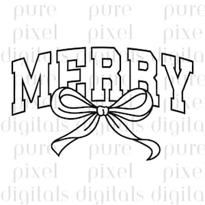 May include: Black and white graphic of the word "MERRY" in bold, block letters, arched above a detailed bow. The design is a festive holiday theme, suitable for Christmas or seasonal decorations.