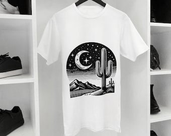 Western Gothic Cactus Moon SVG – Linocut Desert Landscape (Digital Download)