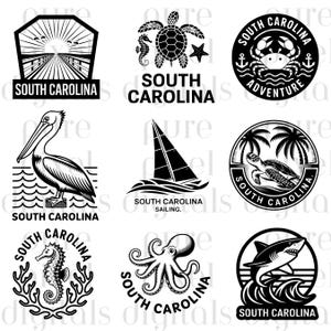 Könnte beinhalten: Eine Sammlung von Logos im Schwarz-Weiß-Design zum Thema South Carolina. Die Designs umfassen eine Brücke, eine Schildkröte mit Seepferdchen und Seestern, eine Krabbe, einen Pelikan, ein Segelboot, eine Schildkröte mit Palmen, ein Seepferdchen, einen Oktopus und einen Hai.