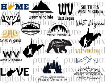 May include: A collection of 12 digital designs featuring the state of West Virginia. The designs include various styles, such as a mountain range, a bear, a hiker, and the state outline. The text "West Virginia" appears in several designs, along with the words "Home", "Love", "Wild, Wonderful", and "Mountain Mama".
