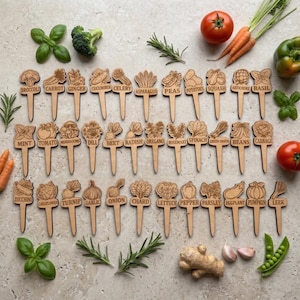 May include: Wooden garden markers with vegetable and herb illustrations. Each marker is labeled with the plant name, including broccoli, carrot, basil, and more. Fresh vegetables and herbs surround the markers.