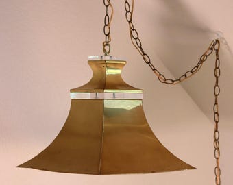 Vintage Colonial Style Brass & Acrylic Square Pagoda Hanging Pendant Lamp