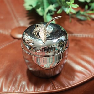 Vintage Modern-Style Lidded Silver Metal Apple Trinket / Jewelry Dish with Stem Detail | Teacher Gift