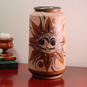 Large Vintage Tacat Mexican Terracotta Ceramic Vase Hand-Painted Sun & Moon Bohemian Folk Art Pottery | Artist Signed