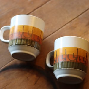 Vintage Stoneware Mugs Set | 1970s Abstract Desert Sunset, Made in Japan