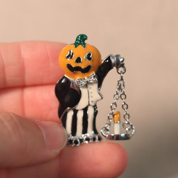 Vintage 90s J.J. Pumpkin Jack Butler & Ghostly Candle Pin | Halloween Brooch
