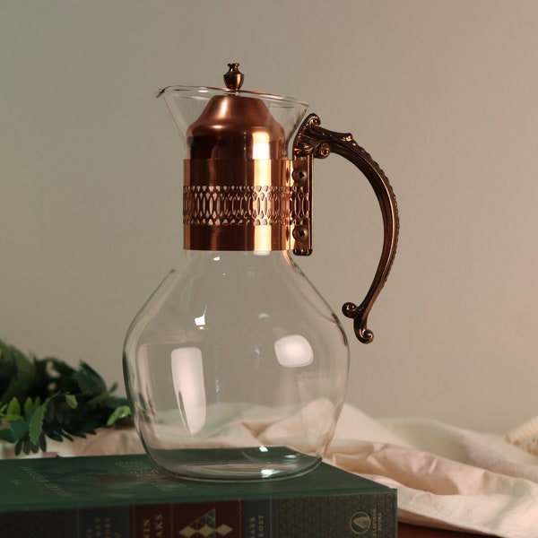 Vintage verzierte Kupfer überzogene Corningware Glas behandelte Kaffeekrug-Karaffe mit Deckel