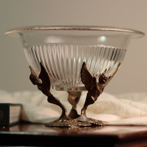 Vintage Brass Flying Cherub Angel Stand w/ Federal Clear Glass Serving Bowl | Tablescape Decorative Display