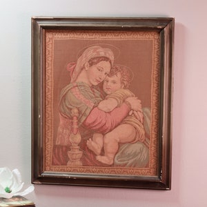 Madonna with Child Fabric Tapestry with Wooden Frame