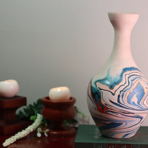 Gorgeous Vibrant Blue & Orange Hand-Painted Nemadji Native Ceramic Vase | Tall Neck Pottery with Stamp Made in USA