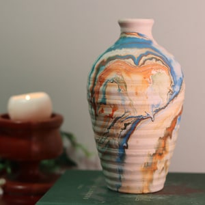 Tall Ribbed Handmade Nemadji Native Indoor Vase w/ Blue & Orange Smoke Pattern Design | Stamp Made in USA
