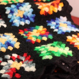Small Granny Square Handmade Crocheted Rainbow Blanket with Scalloped Edge | Multicolored Afghan Throw