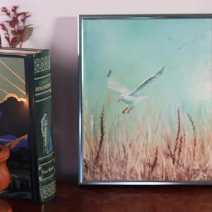 Vintage Hand Painted Oil Flying Seagull Beach Dune Grass Portrait Stretched Canvas Painting | Artist Signed 1981