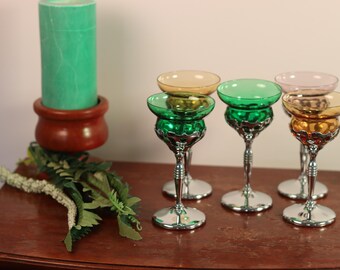 Set of 5 Discontinued Farber Brothers Art Deco Liquor Crystal & Chrome Cocktail Glassware | Amber, Amethyst, Forest Green Colors