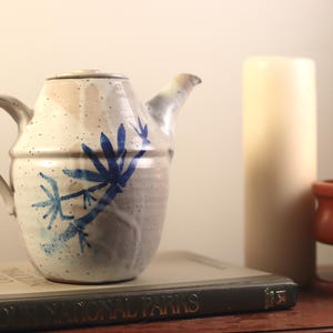 Salt Glazed Stoneware Handmade Studio Pottery Handled Teapot Kettle Jug with Blue Floral Painted Design | Artist Signed