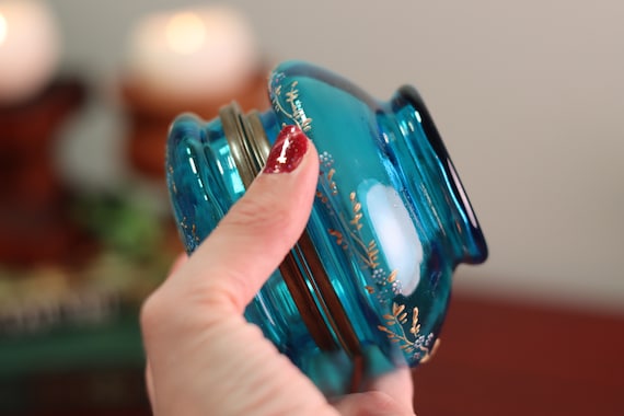 Antique Moser Turquoise Glass Trinket Box, Enamel Lidded Vanity