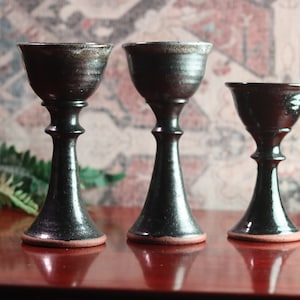 Set of 3 Studio Pottery Handmade Black Glazed Modernist Candleholder Pillars w/ Tapered Stem | Comes with Round Candles