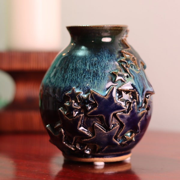 Gorgeous Deep Blue Drip Glaze Sun and Moon Vase | Handmade Vintage Pottery