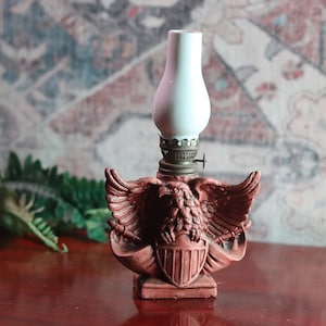 Small Brown Painted Eagle & Shield Porcelain Kerosene Oil Lamp with White Ceramic Shade | Americana Decor