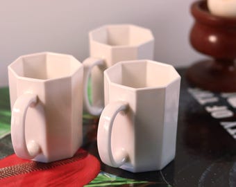 Set of 3 Vintage Arcoroc France White Milk Glass Retro France 8-Sided Mugs w/ Handles | Glassware