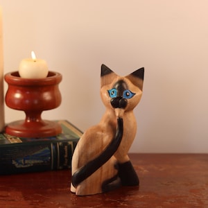 Hand Carved Wooden Blue Eyed Siamese Cat | Cat Lover Kitten Figurine