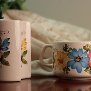 May include: Two white ceramic salt and pepper shakers with floral designs. The shakers have blue, yellow, and green flowers. A white ceramic mug with a floral design in blue, yellow, and pink is in the background.