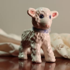 Vintage porseleinen keramische baby lam plantenbak met blauwe strik | Gemaakt in Japan