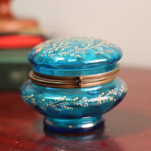 Antique 19th Century Moser Blown Turquoise Glass Enamel Lidded Decorative Vanity Powder / Jewelry Trinket Box