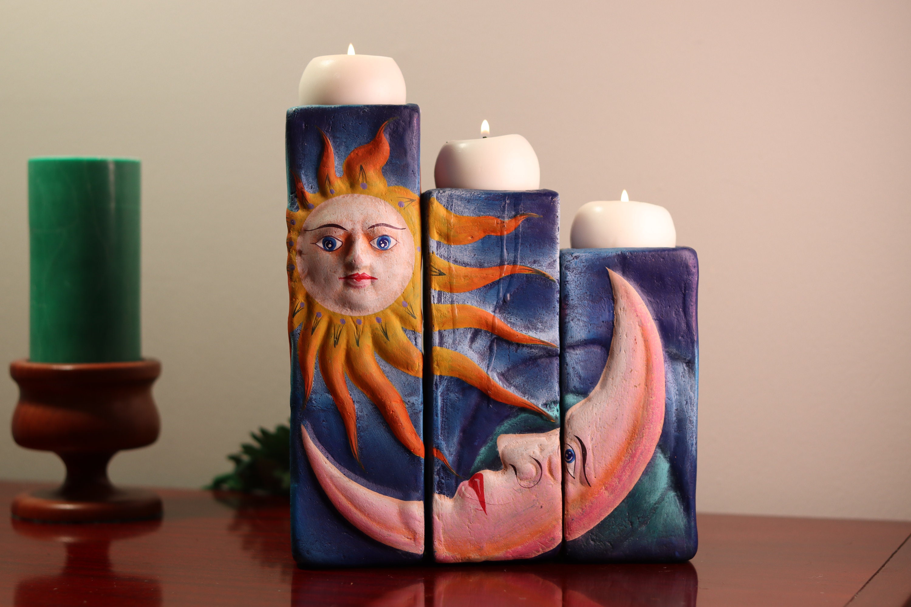 Handmade Mexican Terracotta Sun & Moon Multi Tier Candleholder